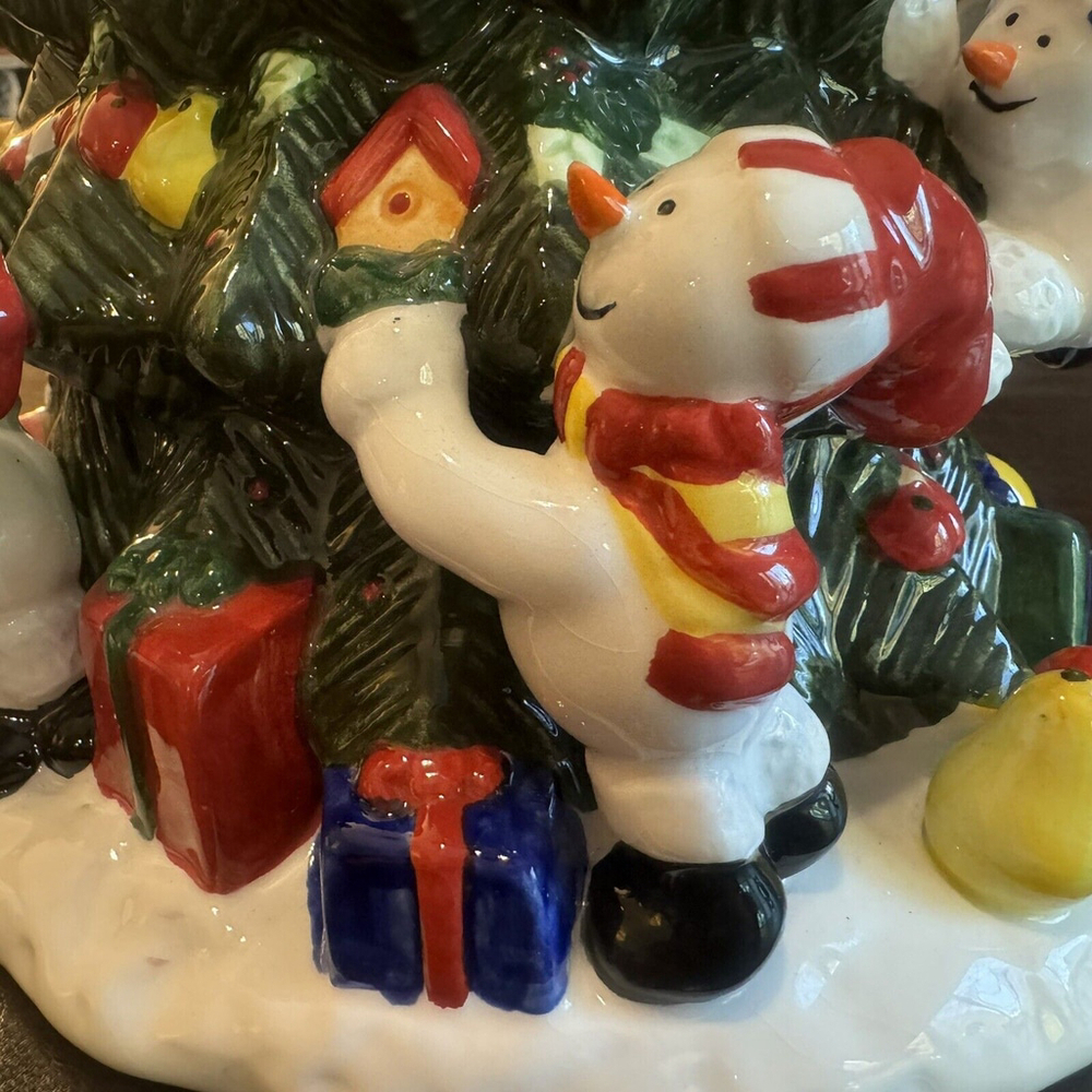 Vintage 13.5” Christmas tree Ceramic cookie jar w/snowmen presents birdhouses - Picture 9 of 16
